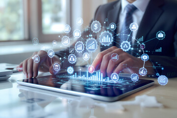 Businessman using a tablet with a glowing network of digital icons and data visualizations representing technology and connectivity