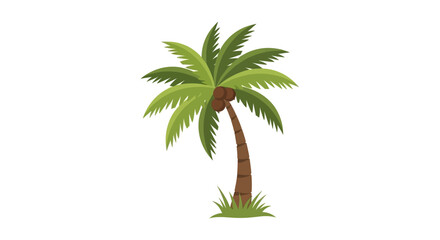 Stylized illustration of a leaning palm tree, complete with coconuts and tufts of ground foliage isolated on white backdrop