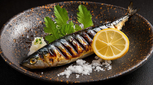 Delicious grilled mackerel served with lemon, fresh herbs, and a sprinkle of salt on a decorative plate.