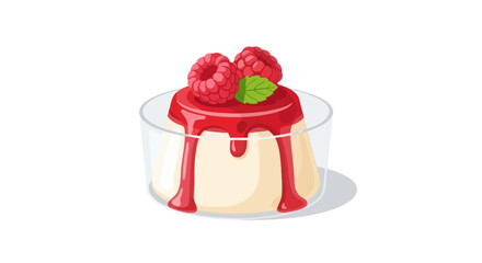 Stylized panna cotta with vibrant raspberry topping, a delightful dessert illustration for culinary designs showcasing simplicity and elegance