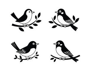 Obraz premium Four cute cartoon birds perched on branches simple black and white illustration for springtime cards or nature themed designs