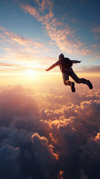 male professional skydiver is flying in the sky over clouds in free fall. Man parachutist makes a high parachute jump at sunset. Extreme sports