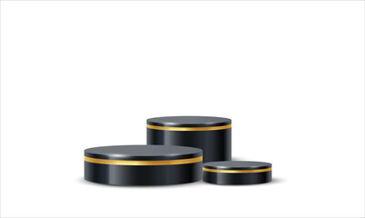 Three elegant dark cylindrical pedestals with gold trim arranged in a staggered formation isolated on white background