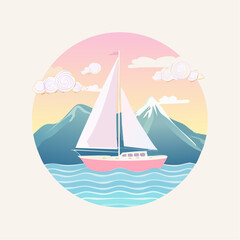 Fototapeta premium Travel poster seaside with yacht boat mountains and ocean paradise landscape summer vacation card with text travel background tropical resort banner vector beach illustration 1