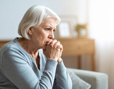 Elderly woman, looking depressed and thoughtful, sitting at home, emotional senior lifestyle scene