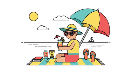 Relaxing Beach Day: Cartoon Illustration of a Person Enjoying a Tropical Vacation under an Umbrella at the Seaside