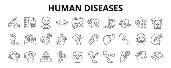30 Human Diseases Line Icons Vector - Herpes, Diarrhea, HIV, Pneumonia, GERD, Bone Fracture, Typhus, Stroke, Tuberculosis, Asthma