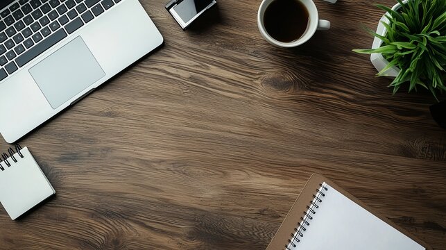 Office workplace table with coffee cup, supplies and computer. Flat lay. Top view with space for your goals