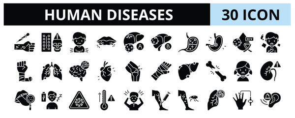 30 Human Diseases Glyph Icons Vector - Herpes, Diarrhea, HIV, Pneumonia, GERD, Bone Fracture, Typhus, Stroke, Tuberculosis, Asthma
