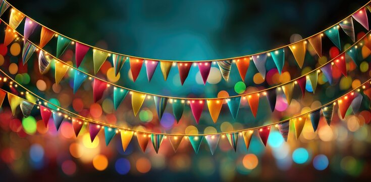 Colorful triangular flags on string lights, festive backdrop