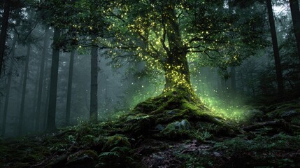 Enchanting glowing tree in a misty forest