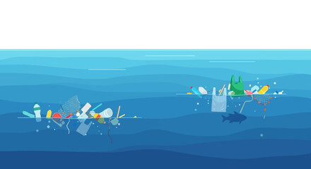 Ocean pollution illustration, depiction of floating plastic debris, environmental awareness, harmful plastics, impact of waste on marine ecosystem,