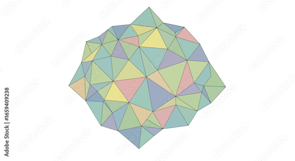 Poster abstract geometric shape with triangular polygons in pastel shades creating a multifaceted spherical