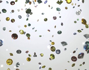 Multicolored gems float on a light grey background