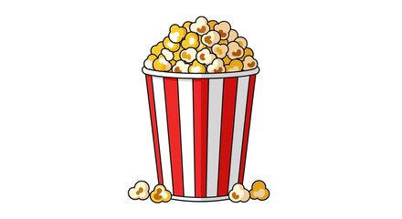 Illustration of a red and white striped popcorn container overflowing with freshly popped snack on a white background creating a cinematic feel