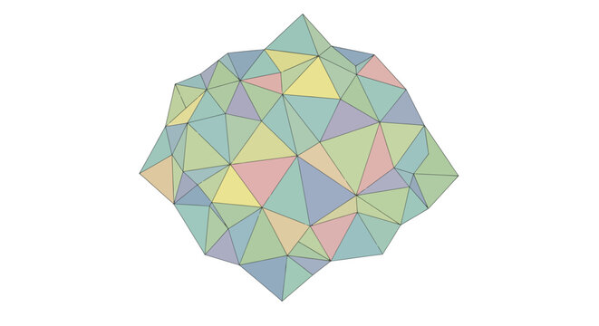 Abstract geometric shape with triangular polygons in pastel shades creating a multifaceted spherical form on a white isolated background