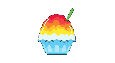 Cartoon illustration showcasing a vibrant rainbow shaved ice dessert in a delightful blue cup, perfect for summer treats and refreshing moments