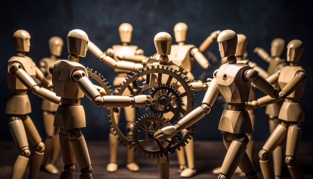 Wooden mannequins in a circle—two manipulate gears; a symbolic choreography of teamwork, mechanics, and silent coordination. - Powered by Adobe