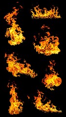 Nine isolated flame images on black background