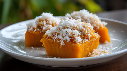 Delicious sweet treat made of pumpkin and topped with coconut, presented on a plate, perfect for food photography.