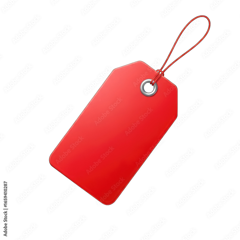 Aufkleber realistic glossy red tag with cord and grommet on transparent background, rectangle shape
