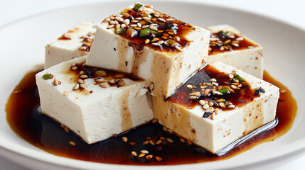 Delicious tofu cubes drenched in a savory sauce, garnished with sesame seeds, perfect for healthy meals and culinary creations.
