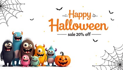 Energetic 20% off halloween sale advertisement with carved pumpkins and scattered autumn leaves on a white  backdrop halloween backdrop, created with generative ai