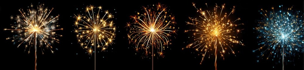 Fireworks sparklers in various colors against black background