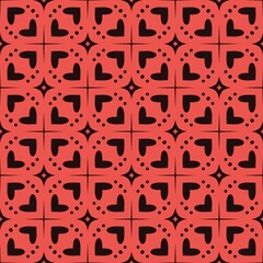 Seamless red and black damask pattern with red hearts and flowers for a vintage floral textile design