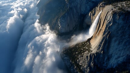  Majestic Yosemite Valley A Stunning Aerial View of Waterfall and Clouds Amidst Nature's Splendor