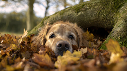 Golden Retriever amidst autumn leaves, showcasing a warm and friendly expression in natural light.