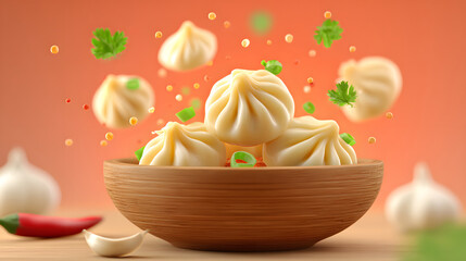 Spicy garlic steamed momo delicious close up