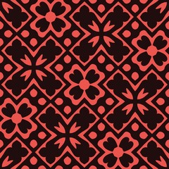 Seamless damask pattern with vintage red floral motifs and elegant brown ornaments for a retro textile design