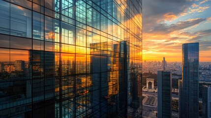 Fototapeta premium Unique skyscraper at sunset in famous financial and business district