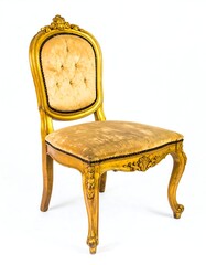 Ornate gilded chair with gold frame and worn tan upholstery