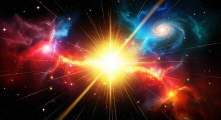 Naklejka premium Colorful galaxy with bright yellow star and space dust