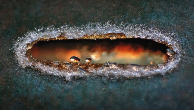 Rusty metal hole, icy frost