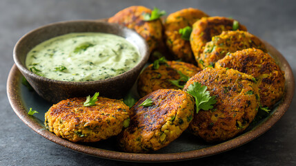Deliciously spiced vegetarian patties served with a refreshing green sauce, perfect for healthy meals and appetizers.
