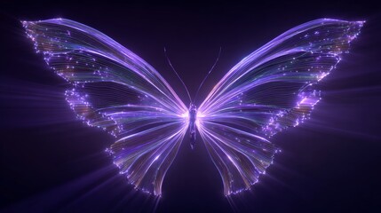 Futuristic glowing butterfly with fiber optic wings in dark