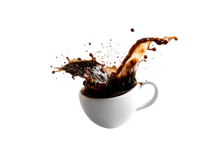 A spill of black coffee splashes out from a white cup floating in the air