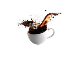 A spill of black coffee splashes out from a white cup floating in the air