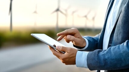 Professional analyzing wind turbine data with tablet in calm light - Powered by Adobe