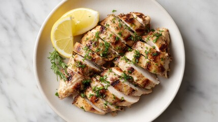 Grilled chicken breast with fresh lemon slices on a white plate. This image captures the essence of healthy eating. Perfect for food blogs or meal prep ideas. AI