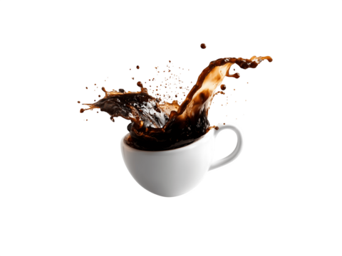 A spill of black coffee splashes out from a white cup floating in the air