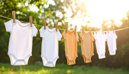 Baby clothes drying outdoors with summer.