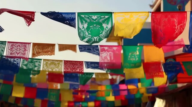 Colorful papel picado flags waving in the wind