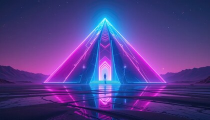 Glowing mirrored pyramidshaped structure standing in a desert landscape with a person silhouetted at the entrance