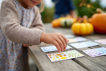 Close-up of handmade Thanksgiving cards on picnic table, childs hand placing a sticker, blurred pumpkins and leaves around, 