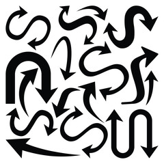 Abstract black arrow pattern on white background. Various sizes, shapes, and directions create a bold, geometric design. Simple, graphic style with strong contrast and flat perspective.