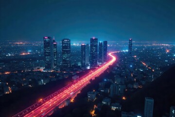 Fototapeta premium Futuristic Cityscape at Night Glowing Network Lines Illuminate a Seamlessly Connected Technological Metropolis, Evoking Innovation and Progress